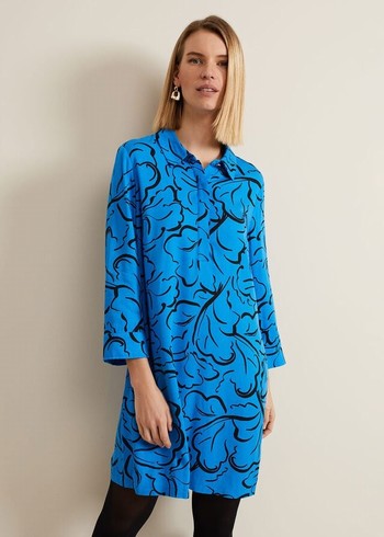 Phase Eight Marina Leaf Print Tunic Dress Blue Australia | WP6417892